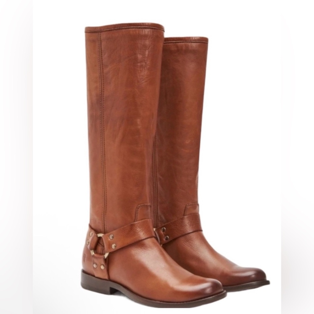 Frye Women's Phillip Harness Tall Leather Wide Calf Cognac Riding Style Boots